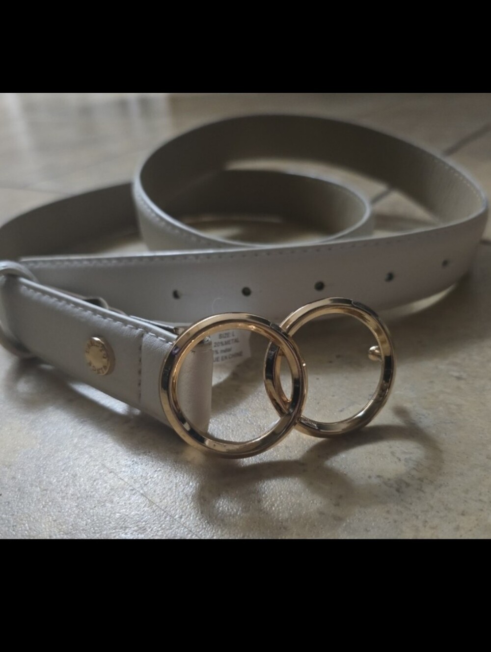 Vince Camuto Ivory Leather Belt with Gold Double-Ring Buckle
